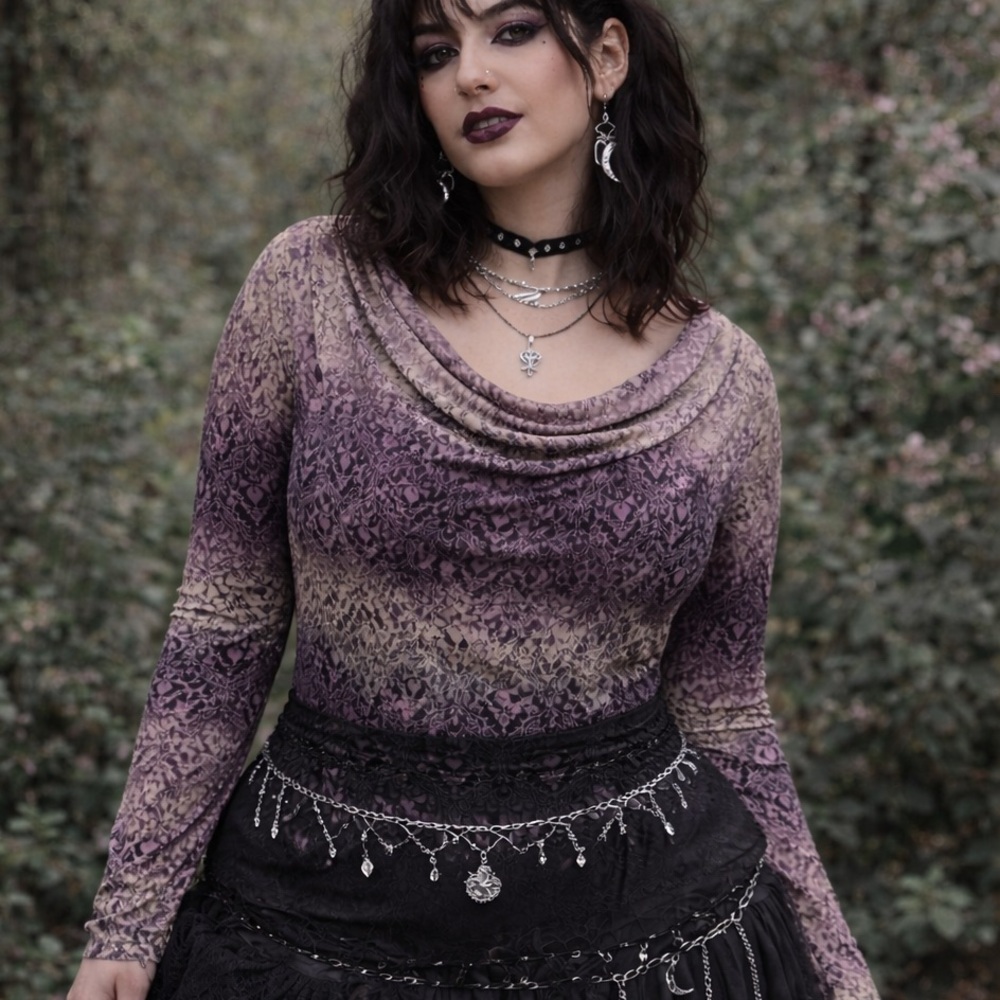 Vintage Women’s XL Y2K Long Sleeve Cowl‎ Neck Top Mesh Print Fairy Whimsigoth